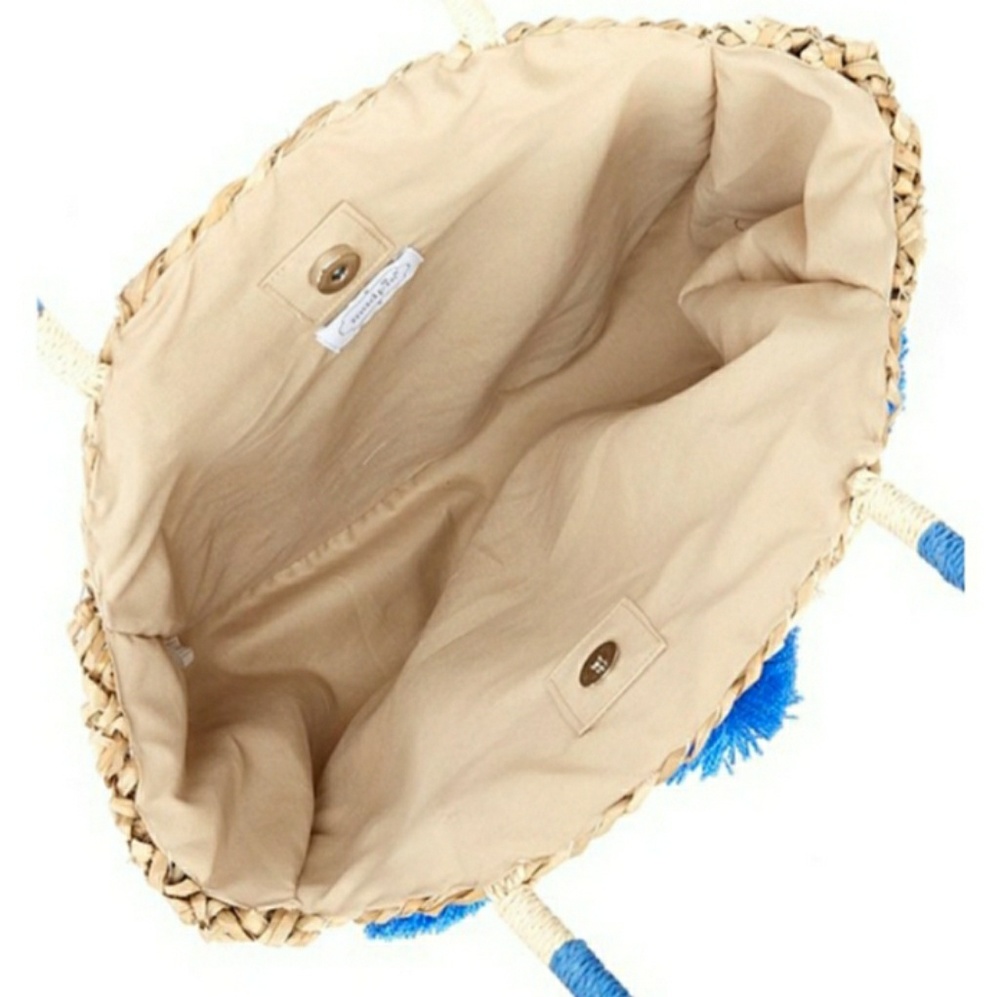 New Mudpie Pom Pom Circle Grass Boho Tote Bag. - Picture 6 of 8